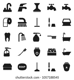 Flat vector icon set - soap vector, water tap, fetlock, mop, sponge, car, bath, toilet brush, liquid, paper, shower, tooth, epilator