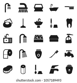 Flat vector icon set - soap vector, water tap, fetlock, mop, sponge, car, bath, toilet brush, liquid, paper, shower, sink, tooth, epilator