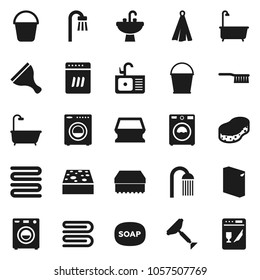 Flat vector icon set - soap vector, scraper, fetlock, bucket, sponge, towel, bath, washer, washing powder, shower, sink, dishwasher