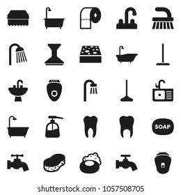 Flat vector icon set - soap vector, fetlock, mop, sponge, water tap, car, bath, liquid, toilet paper, shower, sink, tooth, epilator