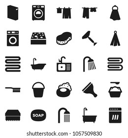 Flat vector icon set - soap vector, scraper, fetlock, bucket, sponge, towel, bath, drying clothes, washer, washing powder, shower, sink, dishwasher
