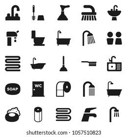 Flat vector icon set - soap vector, plunger, water tap, fetlock, towel, bath, toilet, brush, paper, shower, closet, sink, supply