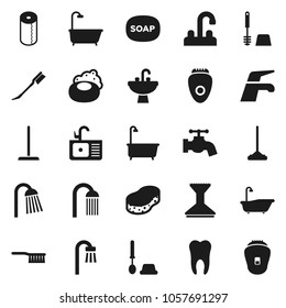 Flat vector icon set - soap vector, water tap, fetlock, mop, sponge, car, bath, toilet brush, paper, shower, sink, tooth, epilator