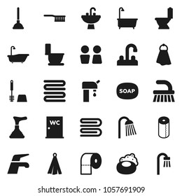Flat vector icon set - soap vector, plunger, water tap, fetlock, towel, bath, toilet, brush, paper, shower, closet, sink, supply