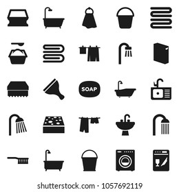 Flat vector icon set - soap vector, scraper, fetlock, bucket, sponge, towel, bath, drying clothes, washing powder, shower, sink, washer, dishwasher