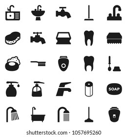 Flat vector icon set - soap vector, water tap, fetlock, mop, sponge, bath, toilet brush, liquid, paper, shower, sink, tooth, epilator