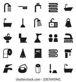Flat vector icon set - soap vector, plunger, water tap, fetlock, towel, bath, toilet, brush, paper, shower, closet, sink, supply