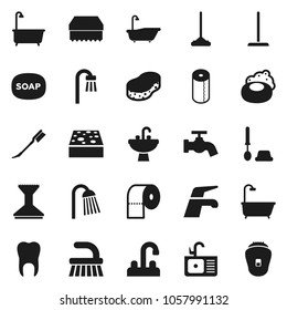 Flat vector icon set - soap vector, water tap, fetlock, mop, sponge, car, bath, toilet brush, paper, shower, sink, tooth, epilator