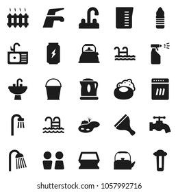 Flat vector icon set - soap vector, scraper, water tap, bucket, sponge, sprayer, shower, closet, sink, kettle, measuring cup, enegry drink, bottle, pool, pond, bath, heating, dishwasher, filter