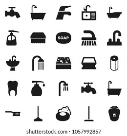 Flat vector icon set - soap vector, water tap, fetlock, mop, sponge, bath, liquid, toilet paper, shower, sink, tooth, epilator