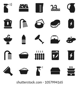 Flat vector icon set - soap vector, scraper, sponge, foam basin, sprayer, shower, sink, kettle, measuring cup, jug, enegry drink, water bottle, pond, pool, heating, dishwasher, double boiler
