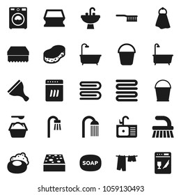 Flat vector icon set - soap vector, scraper, fetlock, bucket, sponge, towel, bath, drying clothes, washer, washing powder, shower, sink, dishwasher