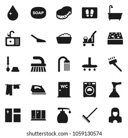 Flat vector icon set - soap vector, plunger, cleaner trolley, vacuum, fetlock, rake, scoop, sponge, water drop, window cleaning, welcome mat, iron, bath, drying clothes, toilet brush, washer, liquid