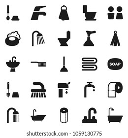 Flat vector icon set - soap vector, plunger, water tap, fetlock, towel, bath, toilet, brush, paper, shower, closet, sink, supply