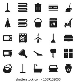 Flat vector icon set - soap vector, plunger, scraper, cleaner trolley, mop, scoop, bucket, sponge, towel, trash bin, welcome mat, shining window, microwave oven, tooth implant, windmill, bath