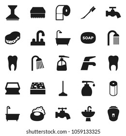 Flat vector icon set - soap vector, water tap, mop, sponge, car fetlock, bath, liquid, toilet paper, shower, sink, tooth, epilator