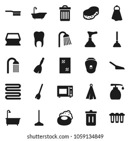 Flat vector icon set - soap vector, plunger, broom, fetlock, mop, scoop, sponge, towel, trash bin, window cleaning, bath, liquid, shower, microwave oven, tooth, epilator, water filter