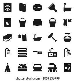 Flat vector icon set - soap vector, scraper, fetlock, bucket, sponge, bath, drying clothes, washing powder, shower, sink, towel, washer, dishwasher