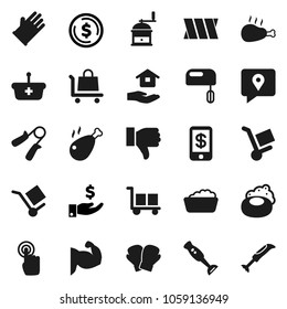 Flat vector icon set - soap vector, foam basin, rubber glove, house hold, hand mill, blender, chicken leg, dollar coin, investment, trainer, muscule, boxing, traking, cargo, touchscreen, finger down