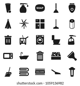 Flat vector icon set - soap vector, plunger, scraper, cleaner trolley, mop, scoop, sponge, towel, trash bin, welcome mat, bath, toilet, washer, liquid, shining window, paper, windmill, epilator