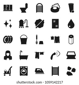Flat vector icon set - soap vector, cleaner trolley, vacuum, bucket, sponge, trash bin, water drop, shining, window cleaning, splotch, iron, steaming, bath, toilet, drying clothes, brush, washer