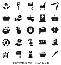 Flat vector icon set - soap vector, cleaner trolley, foam basin, house hold, hand mill, mixer, dollar coin, investment, trainer, muscule, boxing glove, touchscreen, crutches, bandage, medical room