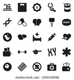Flat vector icon set - soap vector, toaster, potato, barbell, scales, boxing glove, medal, pills, sports nutrition, pool, no fastfood, first aid kit, ambulance star, heart pulse, dna, pregnancy