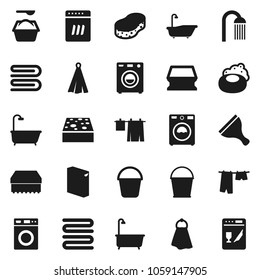 Flat vector icon set - soap vector, scraper, bucket, sponge, towel, bath, drying clothes, washer, washing powder, shower, dishwasher
