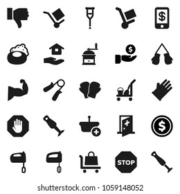 Flat vector icon set - soap vector, cleaner trolley, rubber glove, house hold, hand mill, mixer, blender, dollar coin, investment, trainer, muscule, boxing, cargo, finger down, crutches, stop