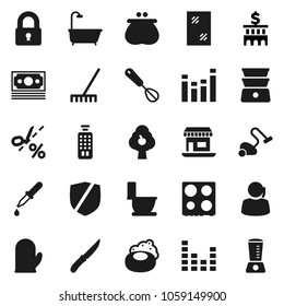Flat vector icon set - soap vector, vacuum cleaner, rake, window cleaning, toilet, cook glove, whisk, knife, oven, double boiler, bank building, office, money, support, protected, equalizer, dropper