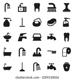 Flat vector icon set - soap vector, water tap, fetlock, mop, sponge, car, bath, liquid, toilet paper, shower, sink, tooth, epilator