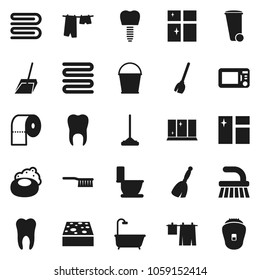 Flat vector icon set - soap vector, broom, fetlock, mop, scoop, bucket, sponge, towel, trash bin, window cleaning, toilet, drying clothes, shining, paper, tooth, implant, bath, microwave oven