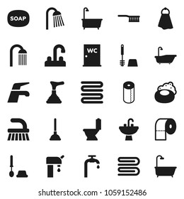Flat vector icon set - soap vector, plunger, water tap, fetlock, towel, bath, toilet, brush, paper, shower, closet, sink, supply