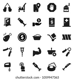 Flat vector icon set - soap vector, cleaner trolley, foam basin, hand mill, blender, chicken leg, dollar coin, investment, trainer, muscule, boxing glove, traking, cargo, touchscreen, crutches, stop