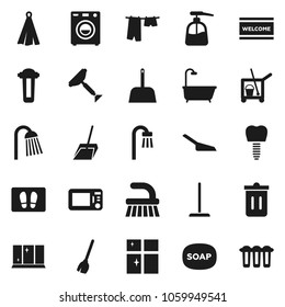 Flat vector icon set - soap vector, scraper, cleaner trolley, broom, fetlock, mop, scoop, trash bin, welcome mat, drying clothes, liquid, shining window, shower, towel, tooth implant, bath, washer