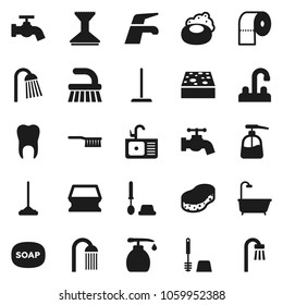 Flat vector icon set - soap vector, water tap, fetlock, mop, sponge, car, toilet brush, liquid, paper, shower, sink, tooth, bath