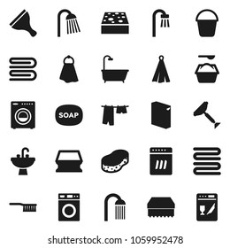 Flat vector icon set - soap vector, scraper, fetlock, bucket, sponge, towel, drying clothes, washer, washing powder, shower, sink, bath, dishwasher