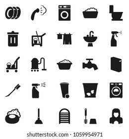 Flat vector icon set - soap vector, plunger, cleaner trolley, vacuum, trash bin, water tap, car fetlock, steaming, toilet, drying clothes, brush, washer, foam basin, washing powder, sprayer, plates