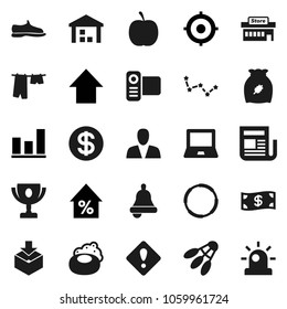 Flat vector icon set - soap vector, drying clothes, cereal, bell, notebook pc, award cup, constellation, graph, percent growth, target, arrow up, diet, snickers, shuttlecock, hoop, warehouse, cash