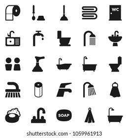 Flat vector icon set - soap vector, plunger, water tap, fetlock, towel, bath, toilet, brush, paper, shower, closet, sink, supply