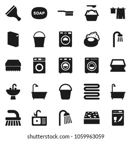 Flat vector icon set - soap vector, scraper, fetlock, bucket, sponge, bath, drying clothes, washer, washing powder, shower, sink, towel, dishwasher
