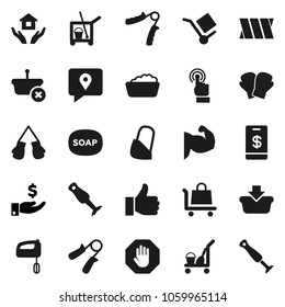 Flat vector icon set - soap vector, cleaner trolley, foam basin, house hold, blender, investment, hand trainer, muscule, boxing glove, traking, cargo, touchscreen, finger up, bandage, stop, basket