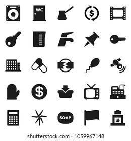 Flat vector icon set - soap vector, water tap, closet, measuring cup, cook glove, turk coffee, calculator, flag, exchange, pills, film frame, satellitie, tv, thumbtack, sperm, disconnection, key