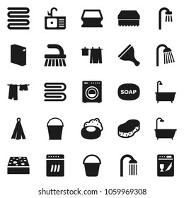 Flat vector icon set - soap vector, scraper, fetlock, bucket, sponge, towel, bath, drying clothes, washing powder, shower, sink, washer, dishwasher