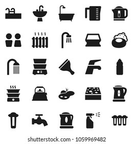 Flat vector icon set - soap vector, scraper, water tap, sponge, sprayer, shower, closet, sink, kettle, measuring cup, double boiler, bottle, pond, pool, bath, heating, filter