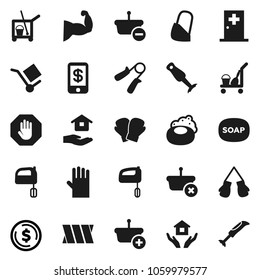 Flat vector icon set - soap vector, cleaner trolley, rubber glove, house hold, mixer, blender, dollar coin, hand trainer, muscule, boxing, cargo, bandage, medical room, stop, basket, tap pay