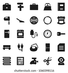 Flat vector icon set - soap vector, scoop, kettle, towel, mixer, copybook, case, abacus, document, clock, hoop, rca, drop counter, bench, globe, key, crib, fridge, coupon, signpost, meat grinder