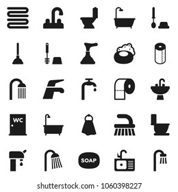 Flat vector icon set - soap vector, plunger, water tap, fetlock, towel, bath, toilet, brush, paper, shower, closet, sink, supply