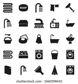 Flat vector icon set - soap vector, scraper, fetlock, bucket, sponge, towel, bath, drying clothes, washer, washing powder, shower, sink