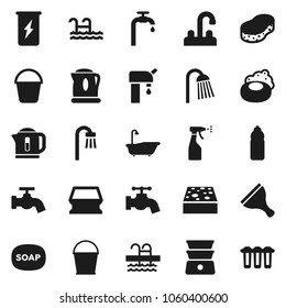 Flat vector icon set - soap vector, scraper, bucket, sponge, water tap, bath, sprayer, shower, double boiler, enegry drink, bottle, pool, supply, kettle, filter